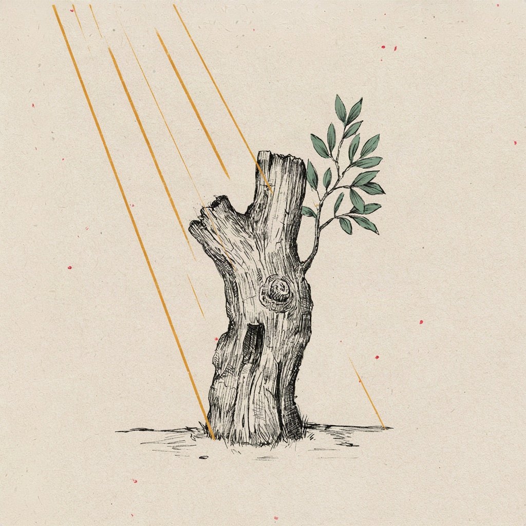 An old gnarled tree with one fresh green sapling branch sprouting from its trunk, reaching toward the light.