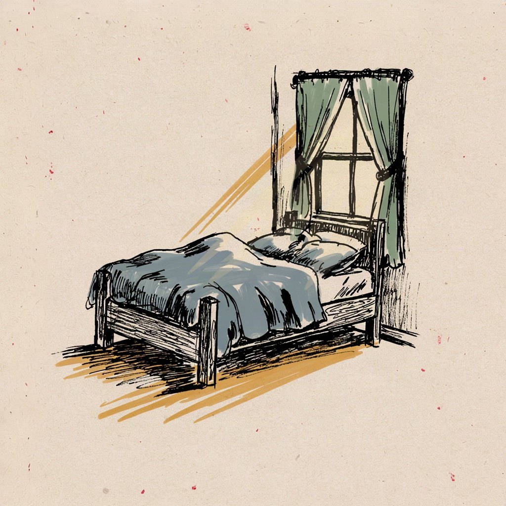 A simple bed with blanket thrown back and curtains open to morning light pouring in, suggesting rising to worship.