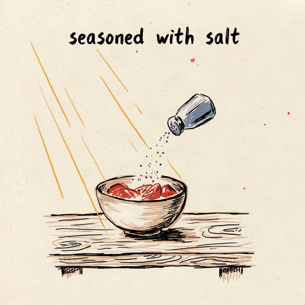 A small saltshaker tipping to season a simple bowl of food on a table, just the right pinch falling, with the words “seasoned with salt” lettered by hand.