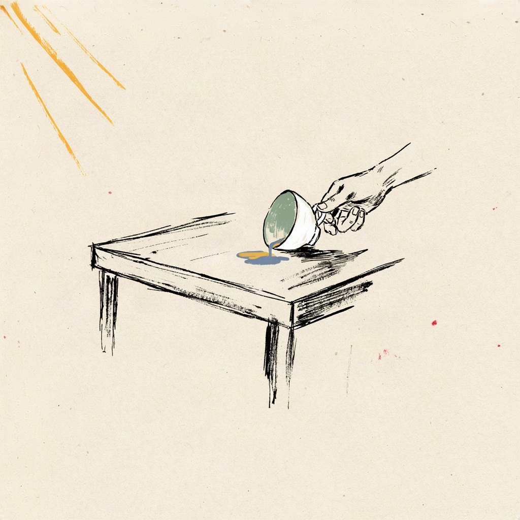 A spilled teacup on a table, its liquid caught mid-pour by a hand reaching from off-page to steady it before it tips further.