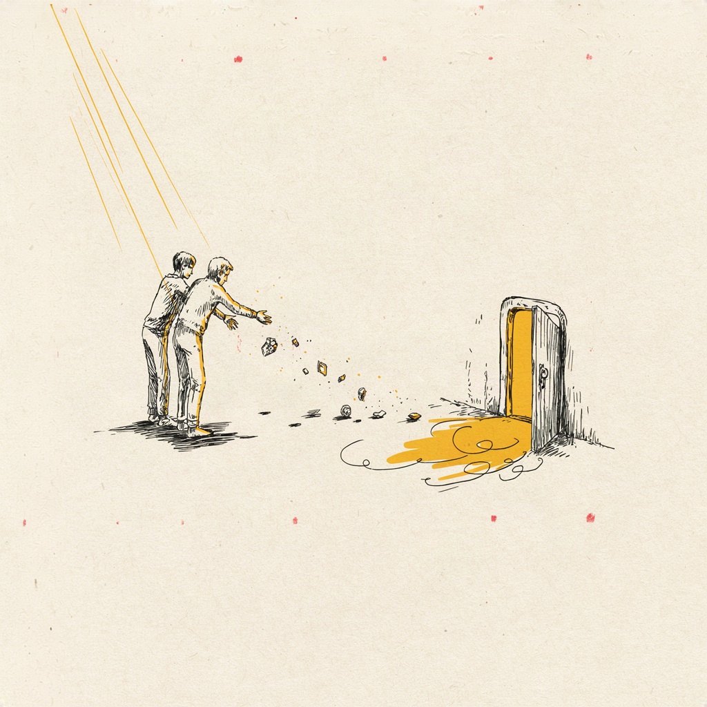 A person stands outside an open door chasing a handful of scattered trinkets blowing away in the wind, while warm light and fragrance spill out from the doorway behind them, unnoticed, showing the self seeking beauty outside when it was within all along.
