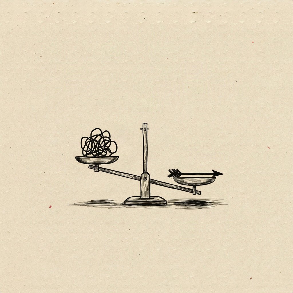 A simple scale sits with one dish holding a crooked, tangled line (a lie) and the other holding a single straight arrow, the straight arrow's side resting firmly on the ground while the crooked side floats up, weightless.