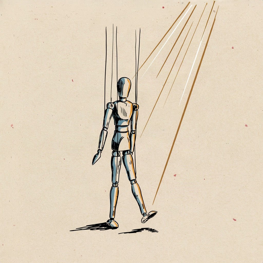 A small wooden puppet stands upright only because fine threads run from its limbs up out of the frame, legs mid-step as if walking on its own strength that isn't its own.