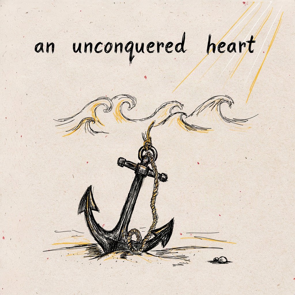 A small sturdy anchor sitting steady on the sea floor while rough waves churn above it, showing a heart that holds firm no matter the storm, with the words “an unconquered heart” lettered by hand.