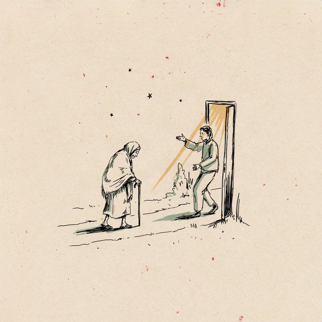An old woman walking with a cane is met halfway by a younger figure stepping out from a lit doorway to take her free hand and guide her home.