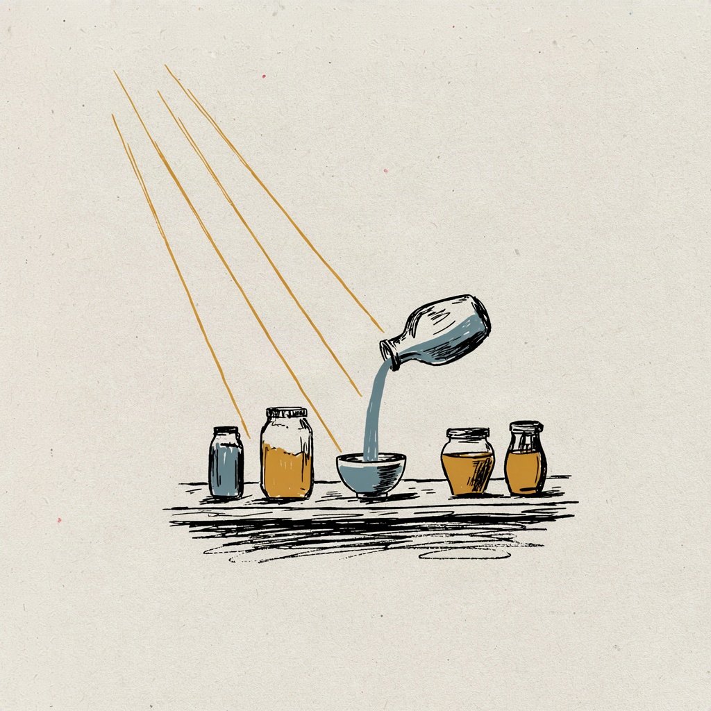 A generous pantry shelf with jars of flour, honey and oil, one jar tipped and pouring endlessly into a small bowl below without ever emptying.