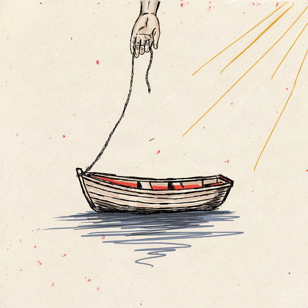 A small wooden boat with no oars drifts on calm water, its rope loosely tied to a steady hand reaching down from above the frame, showing a day's course given over rather than steered.