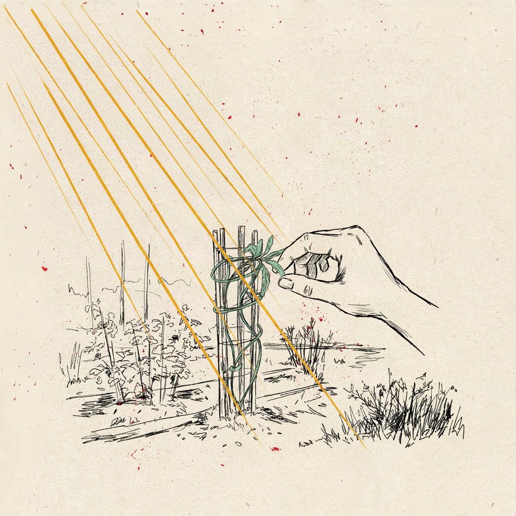 A garden hedge trimmed into a simple protective shape, a gardener's hand gently training a loose tangled vine back onto its trellis before it can snarl into the brambles beside it.