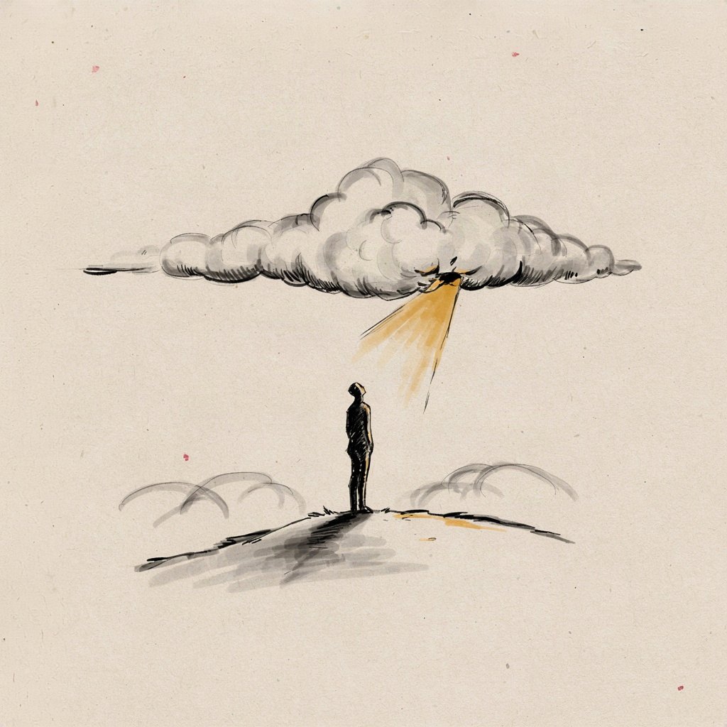 A small figure stands in thick fog looking up at one thin break in the clouds where a bit of sun shows through, patient rather than straining.