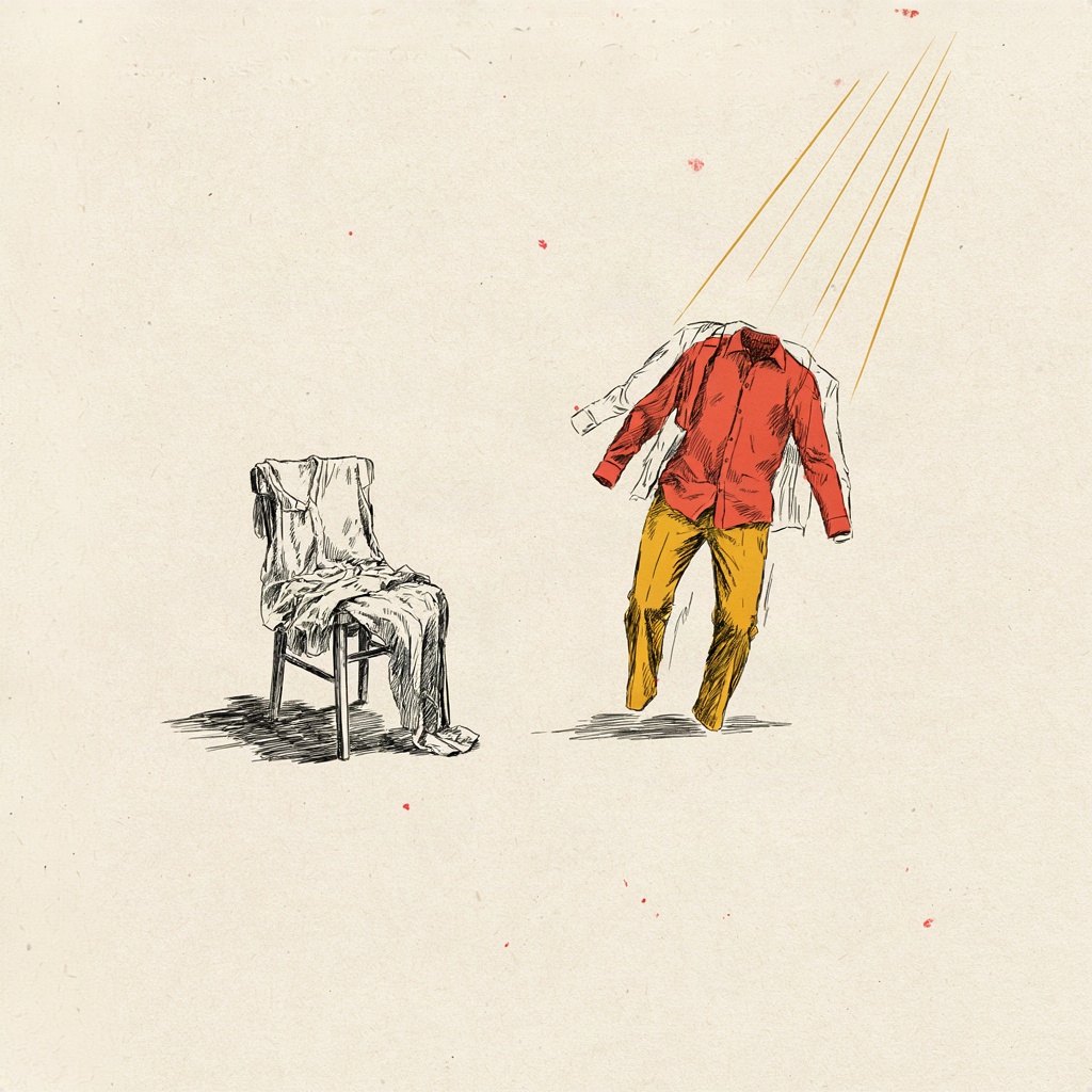 A plain wooden coat hanger holds up a set of old, flat, empty clothes draped lifeless on a chair, while a bright new set of clothes is shown being pulled on over them, sleeves filling with movement and life.