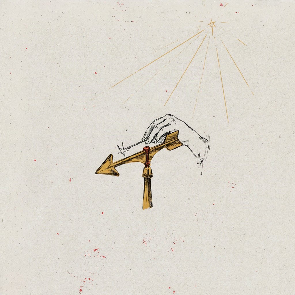 A compass needle gently nudged by an unseen hand to align with a direction already marked 'north' on the map, showing desire being guided to match what's already willed.