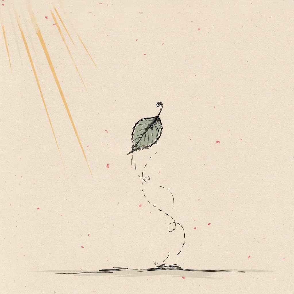 A small leaf let go from a branch, drifting on the wind toward unseen ground, not falling but carried.