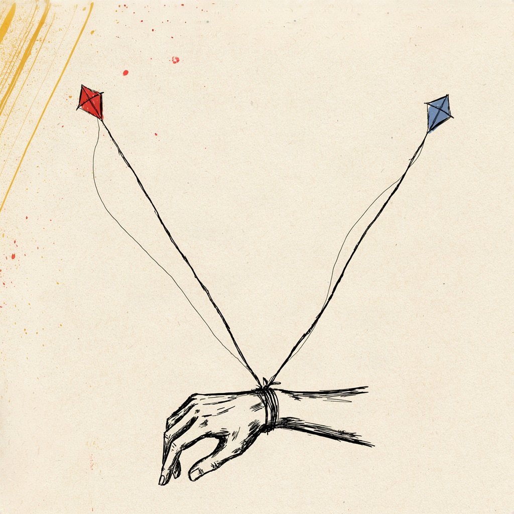 Two small paper kites fly far apart on long strings that both stretch back and tie to the same wrist on the ground, showing loved ones far away still held close.