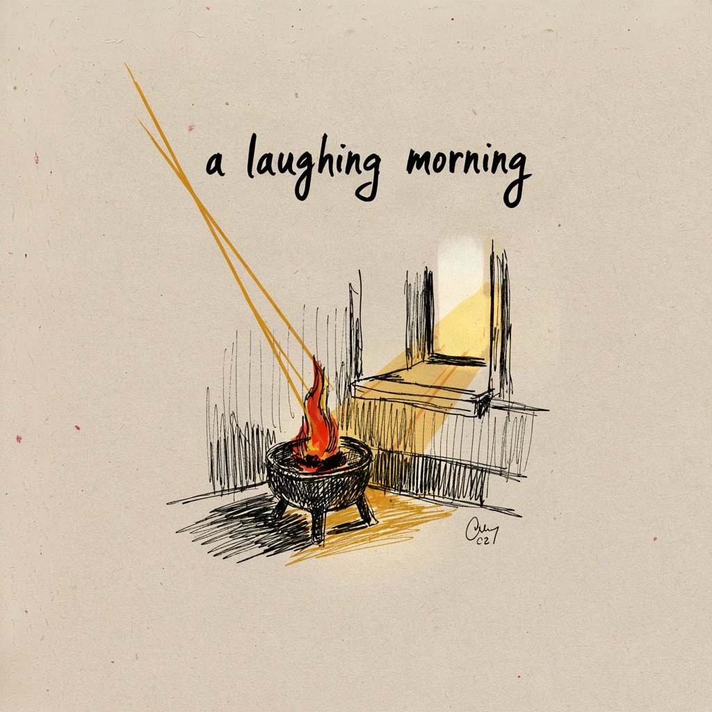 A small dark room where a single ember catches and bursts into sudden bright flame, a window behind it already turning gold with sunrise, showing darkness overtaken by joy, with the words “a laughing morning” lettered by hand.