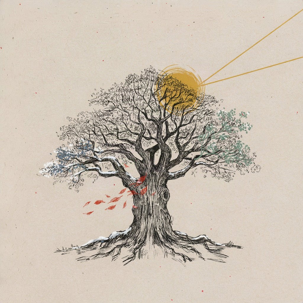 An old gnarled oak tree stands solid through four small seasonal panels of weather around it (snow, bloom, wind, sun), its trunk and roots never shifting while everything else changes.