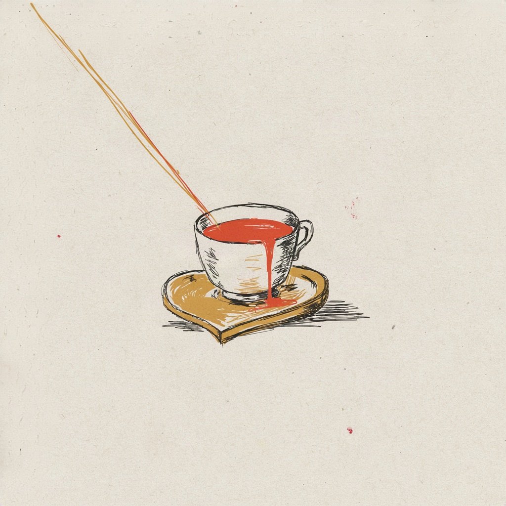 A small cup sits on a plain table, filled so full that it overflows in a quiet, steady trickle down its side, pooling into a saucer shaped like a heart, showing a life so full of grace that thankfulness spills out on its own.