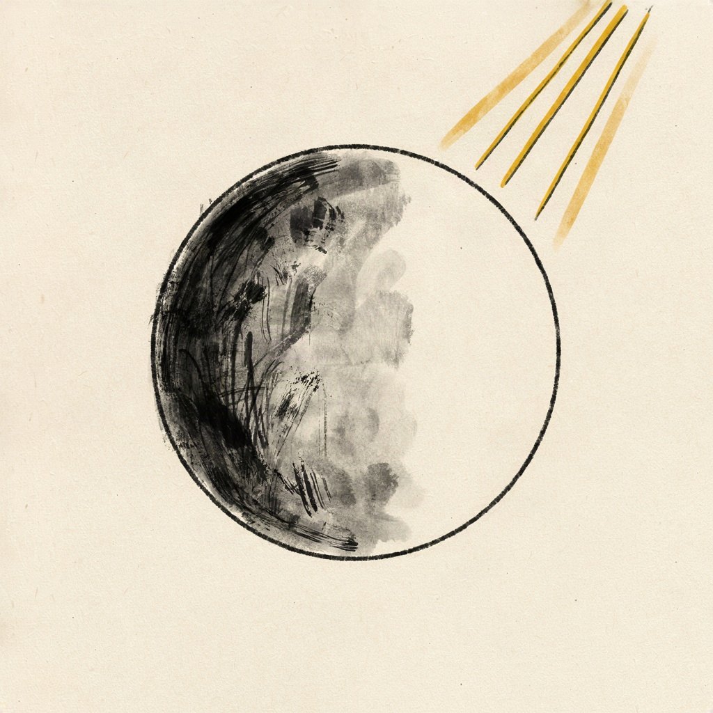 A single small moon-and-sun shape sharing one circle, half softly shaded dark and half left plain, resting together in the same sky with no line dividing them.