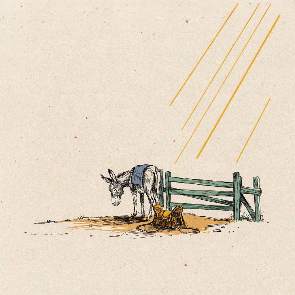 A tired old donkey stands at a gate at dusk, finally unburdened, its empty saddle resting beside it on the ground.
