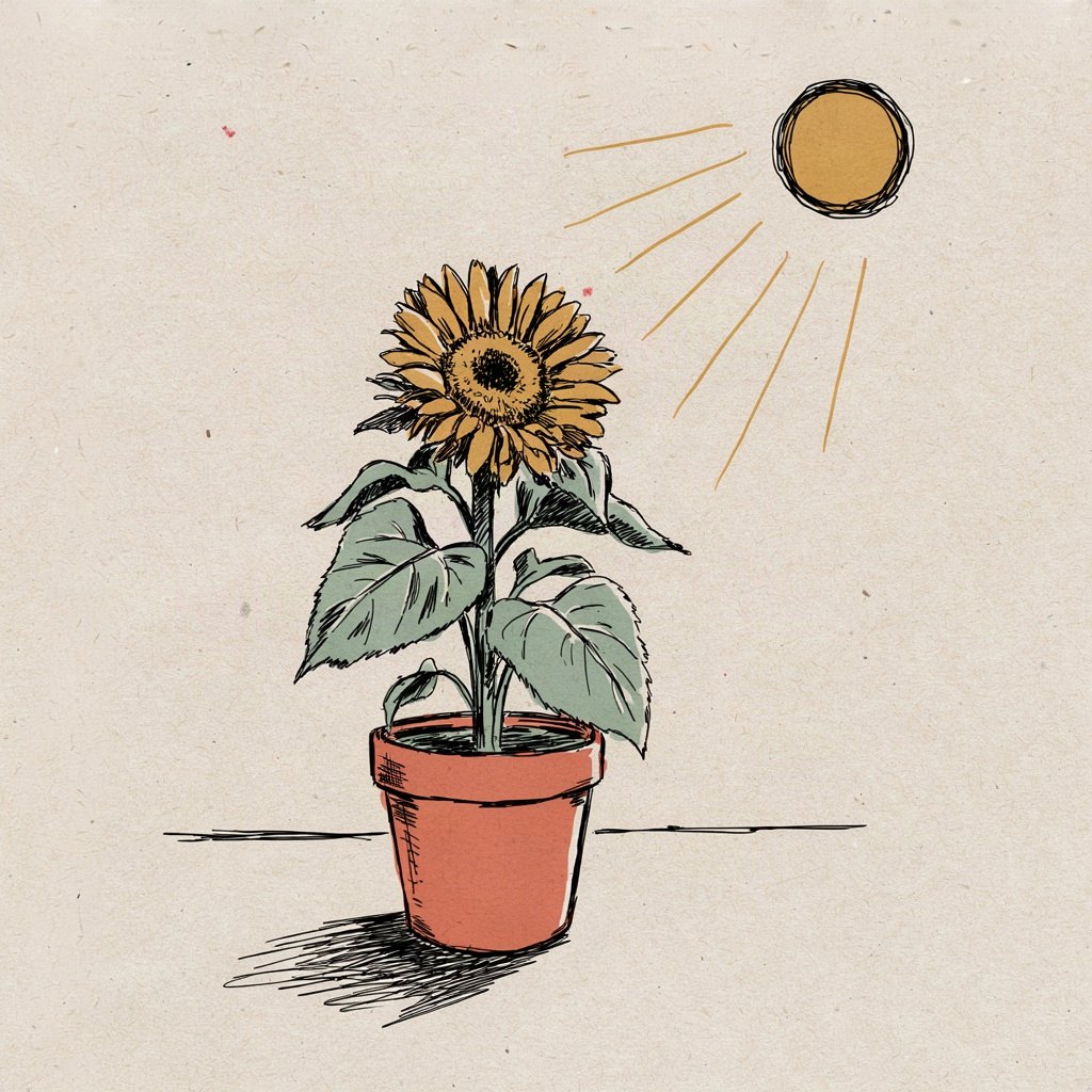 A sunflower caught mid-turn on a windowsill, its whole face swiveled toward a single sun shape drawn high in the corner of the frame, petals bright on the lit side and still shadowed on the other.