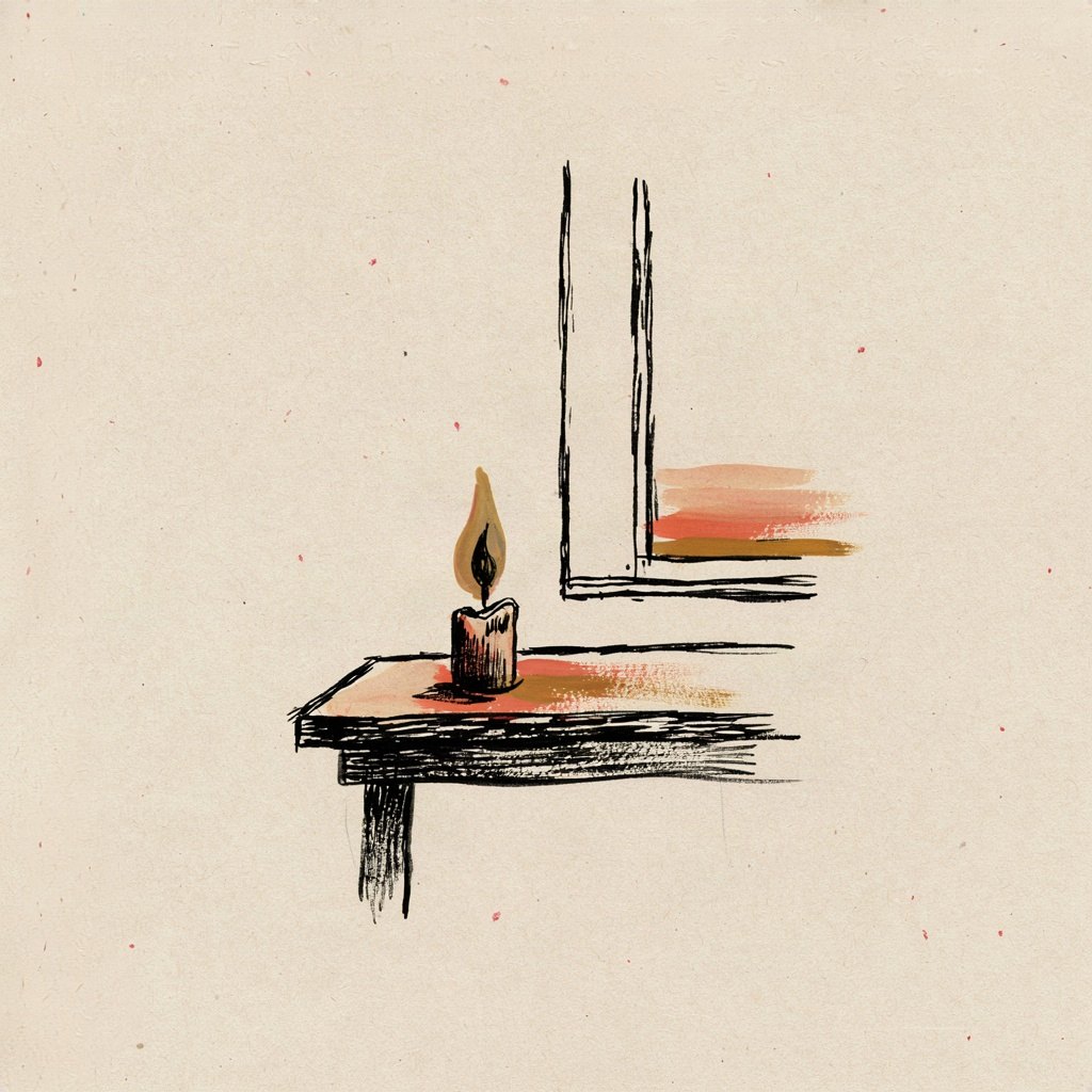 A single small candle flame burning steadily on a plain table at dawn, its light the only source illuminating the dark room, with the sun just beginning to rise outside the window behind it.