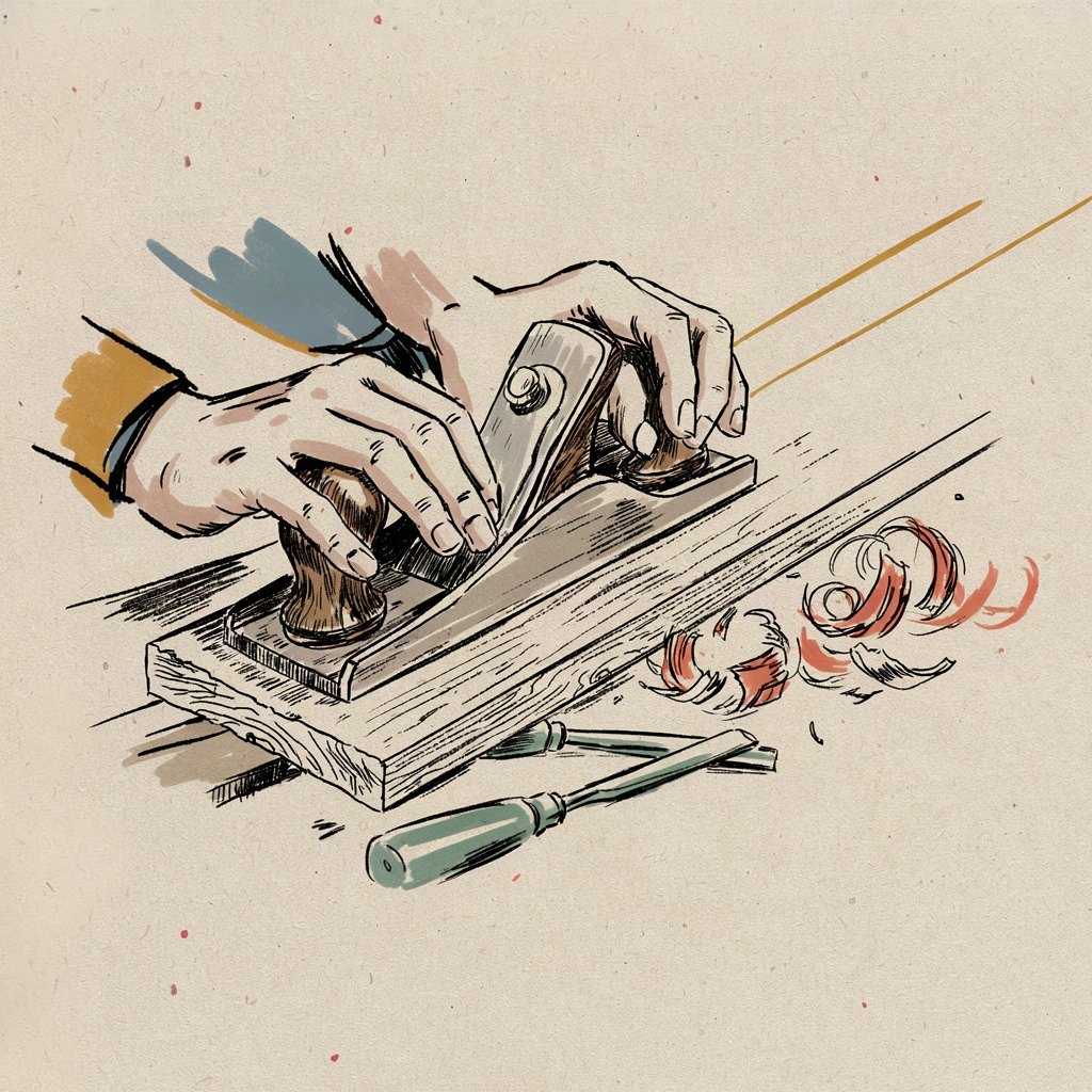 A pair of hands at a workbench carefully planing a piece of wood, with wood shavings curling off in the shape of tiny light rays, showing ordinary work made holy.