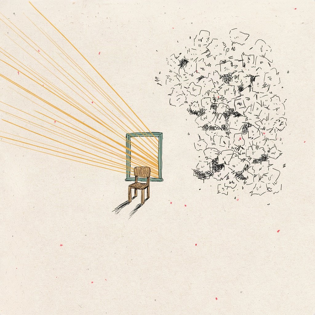 A noisy room full of overlapping chatter-bubbles drawn tiny and busy in one corner, while a single empty chair sits turned away from them all, facing a plain open window instead.