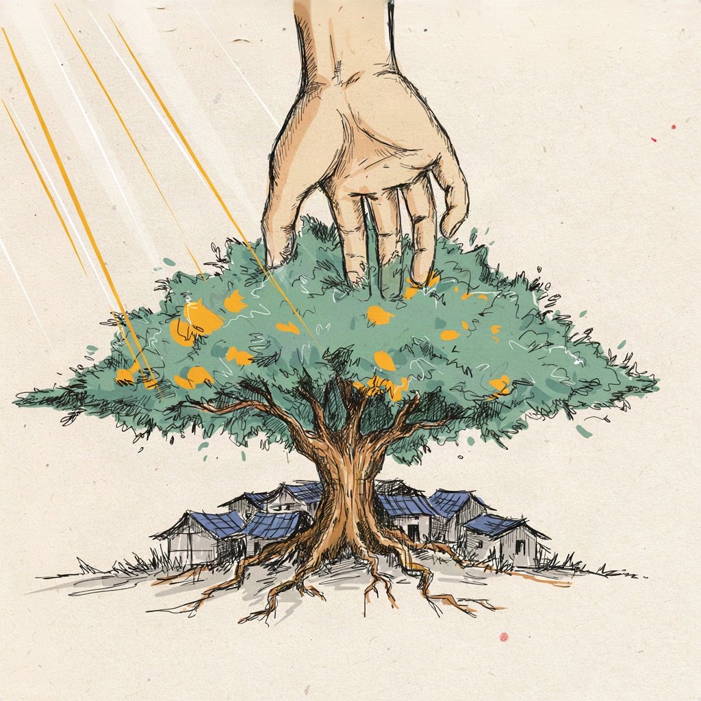 A single large tree with many different roofs of small houses nestled among its roots, one gentle hand reaching down from above to shelter the whole cluster under its spreading branches, showing the whole church and all its people held together under one care.