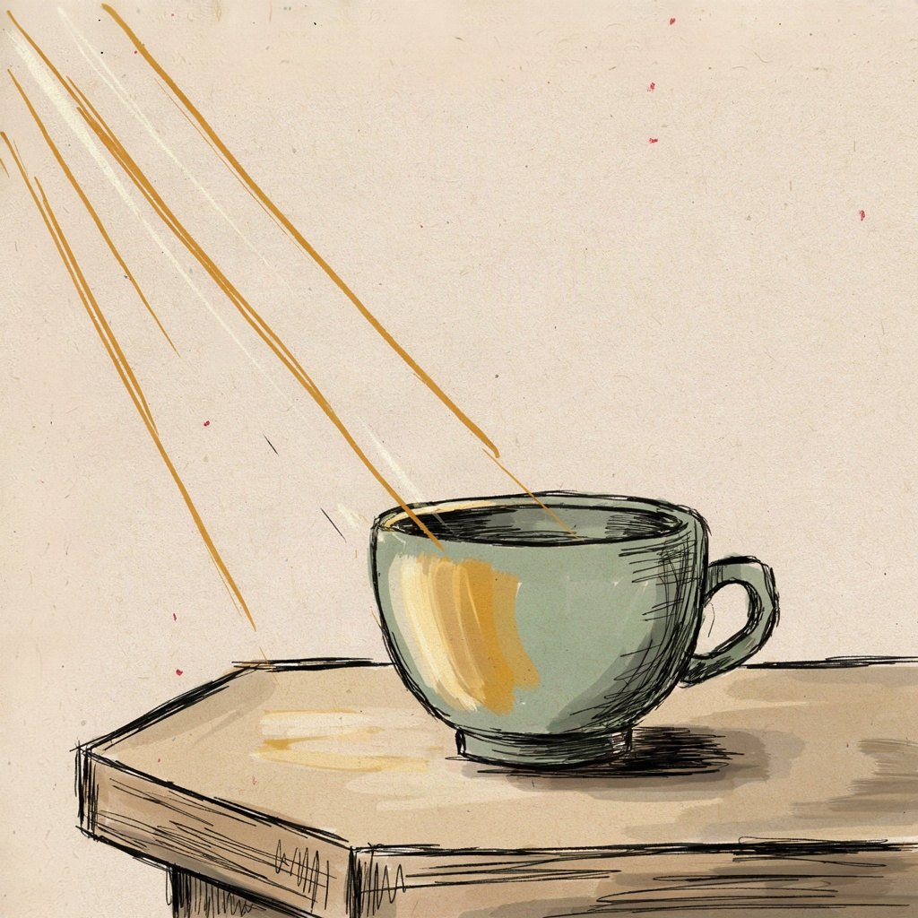 An ordinary teacup on a kitchen table catches a single beam of morning sunlight, glowing as if it were made of gold.