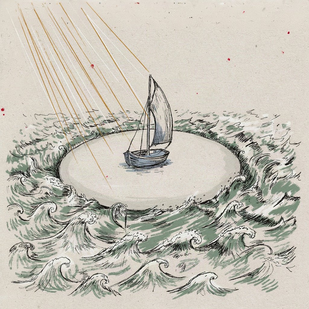 A small boat's single sail goes suddenly slack and still on a wild scribbled sea, the wind-lines around it frozen mid-stroke as if a hand just pressed pause on the storm.