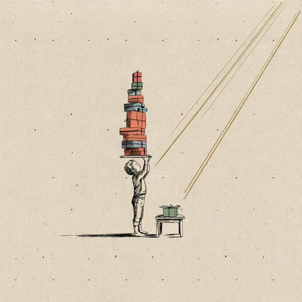 A small child stands on tiptoe reaching up toward a high shelf stacked with wrapped gifts far taller than the small table gift already offered to them, showing the vast difference between what's wanted and what's prepared beyond imagining.