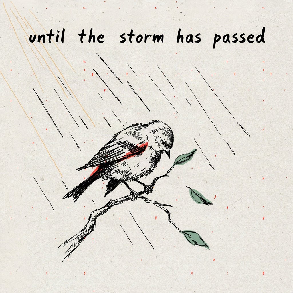 A small bird has folded itself down flat on a tree branch, head tucked low, riding out a sweeping rain shown only as a few slanted lines, waiting for stillness, with the words “until the storm has passed” lettered by hand.