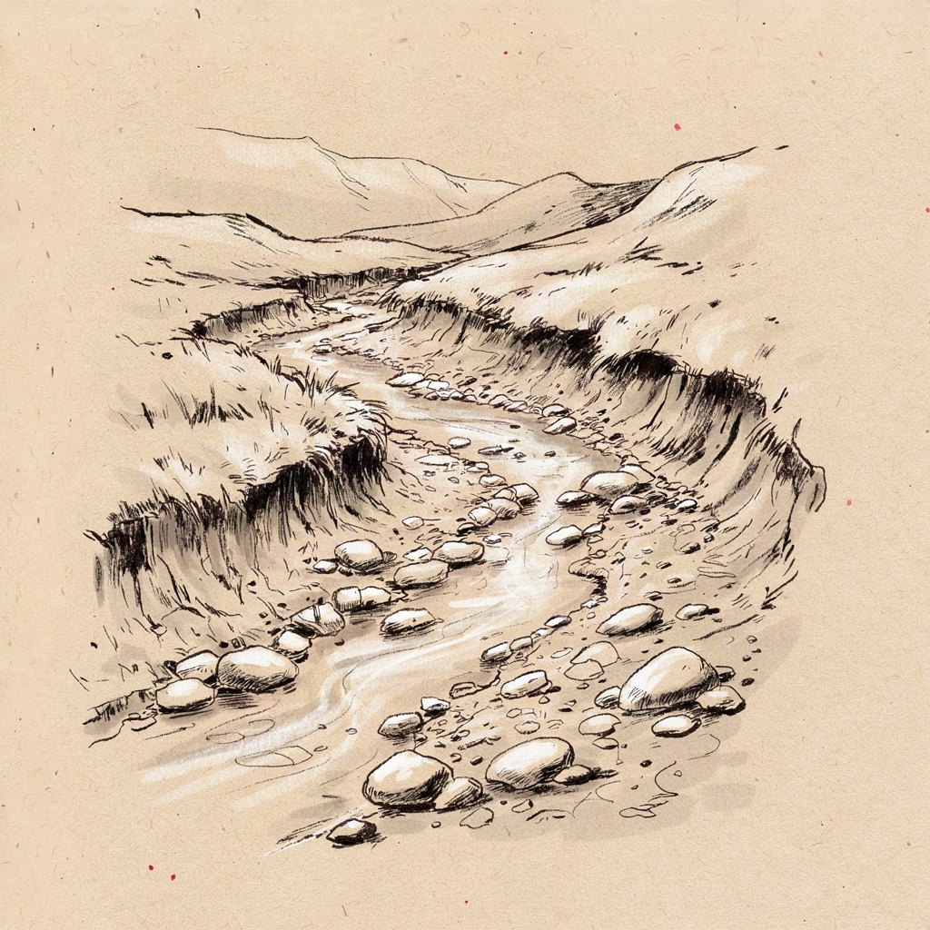 A dry streambed with cracked stones, where a thin stream of water is just beginning to flow again, finding its way between them toward a small valley below.