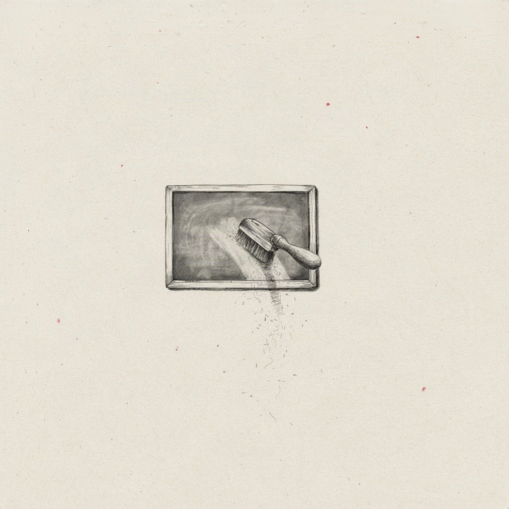 A small chalkboard slate being wiped clean with one eraser stroke, the dust falling away to reveal blank space beneath.