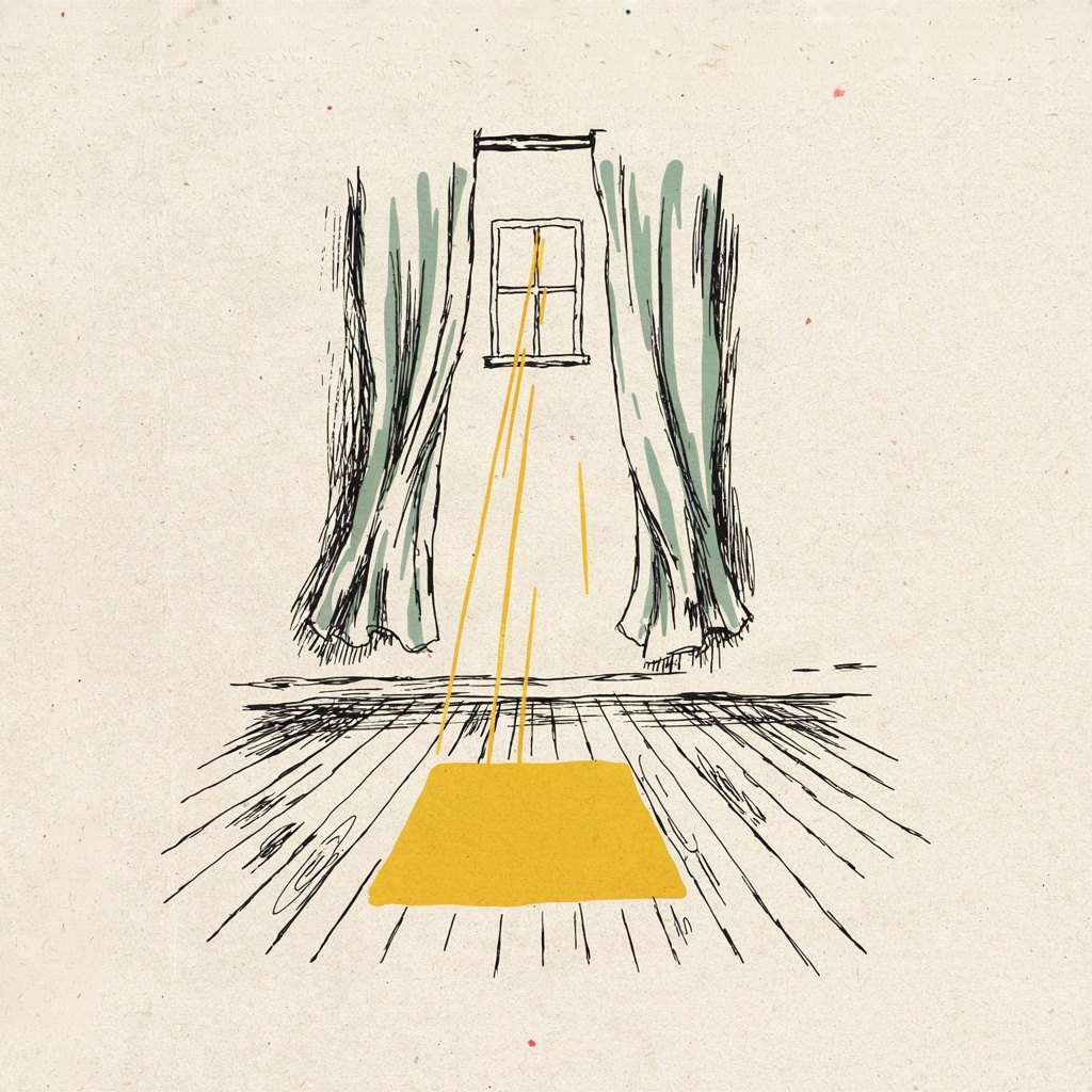 A pair of curtains drawn open at a small window, sunlight pouring in and landing in a bright square on the floor of an otherwise dim room, showing the mind's eyes opened to understand.