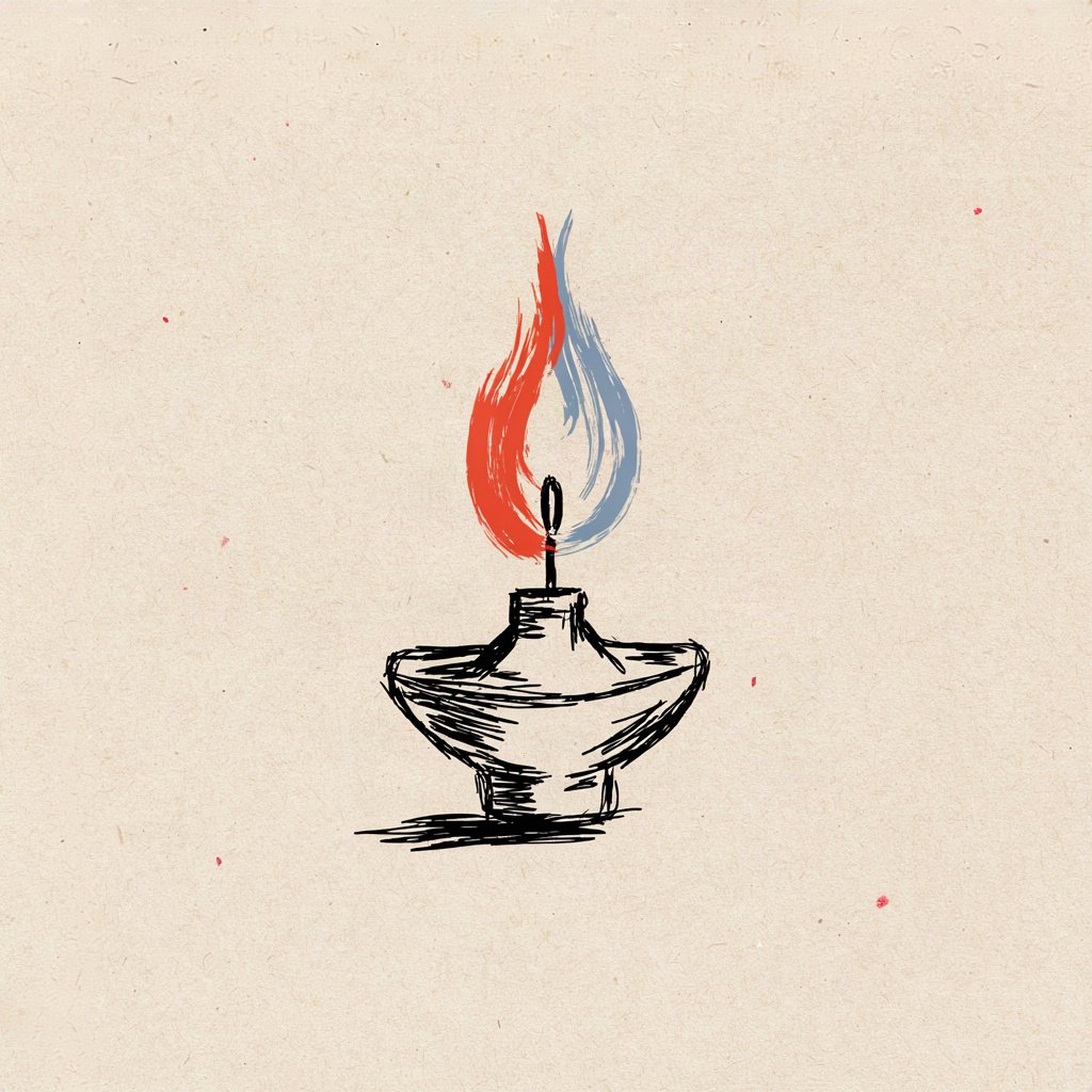 A single lamp burns with two flames fused into one — one flame orange like fire, one flame pale like smoke — showing fire and cloud held together as one steady light.