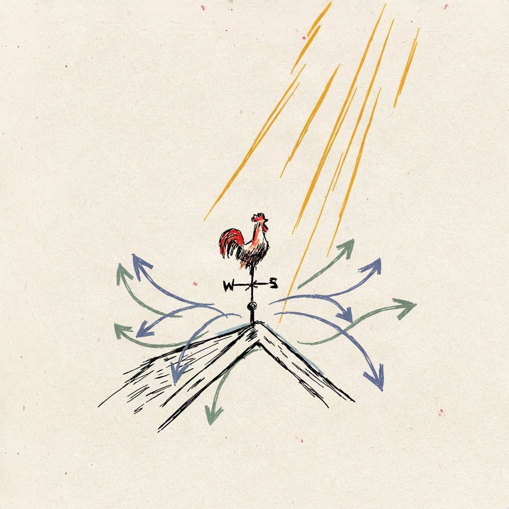 A spinning weathervane rooster on a rooftop, buffeted by wind arrows from every direction, but with a single steady nail drawn through its centre pinning it firmly to one fixed point.