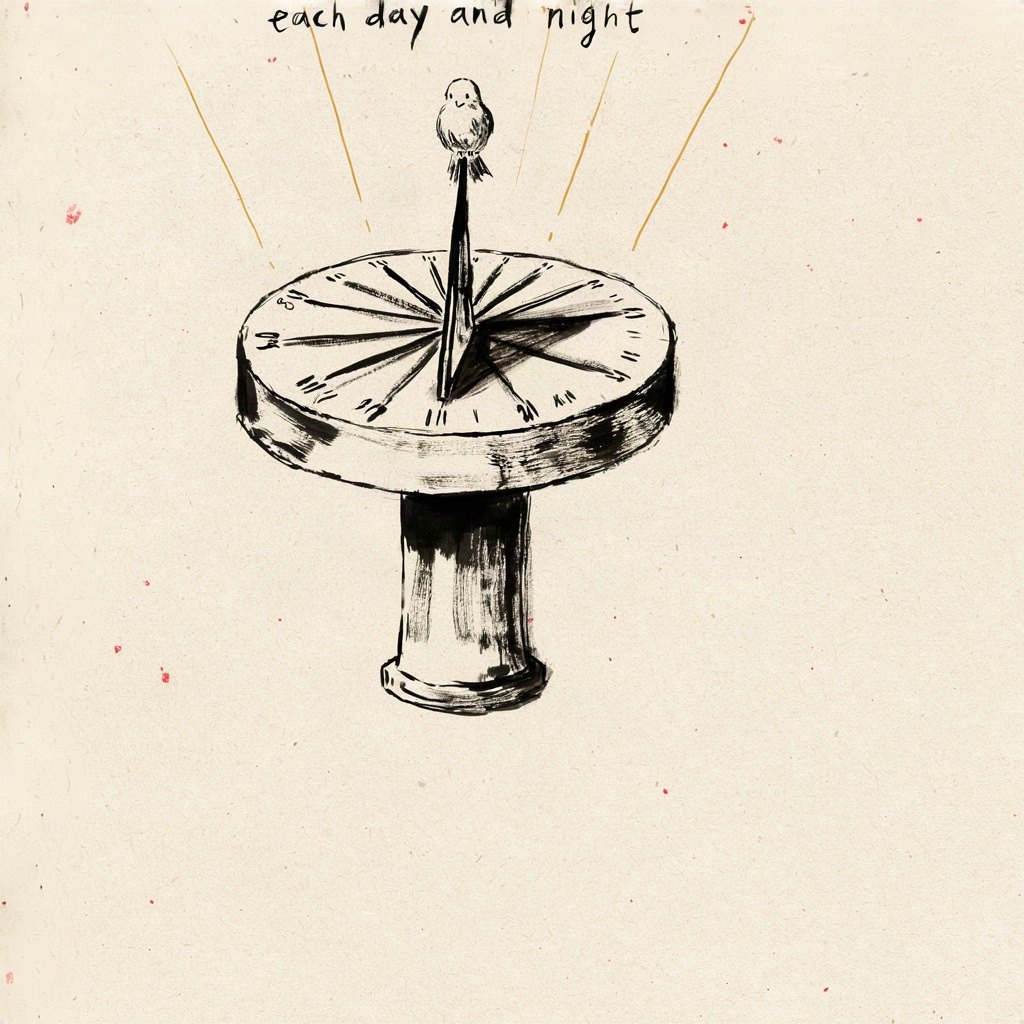 A sundial standing in a garden, its shadow marking both dawn and dusk hours at once as a small bird rests on the gnomon, showing one steady presence through the whole turning day, with the words “each day and night” lettered by hand.