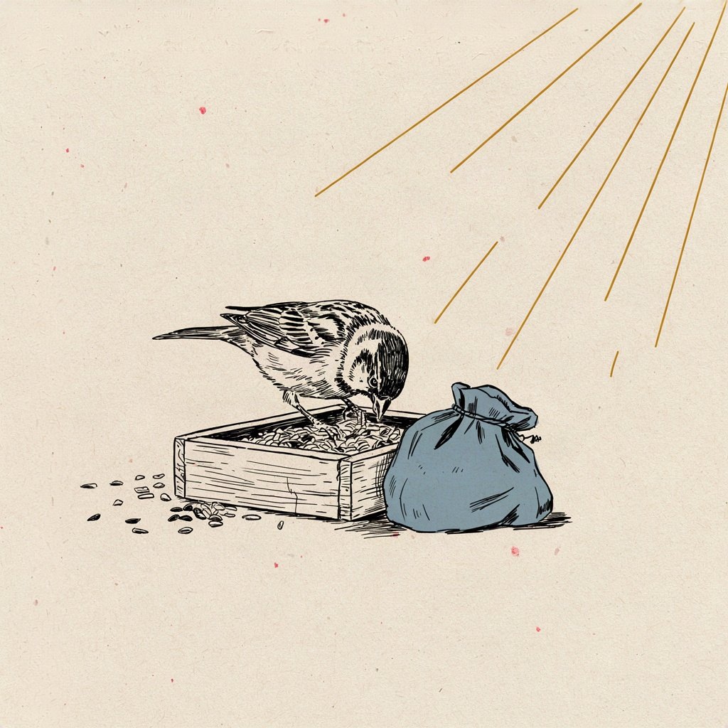 A small bird at a feeder eating only today's one scattered handful of seed, with tomorrow's handful not yet thrown, still safe in the sower's bag tucked under their arm.