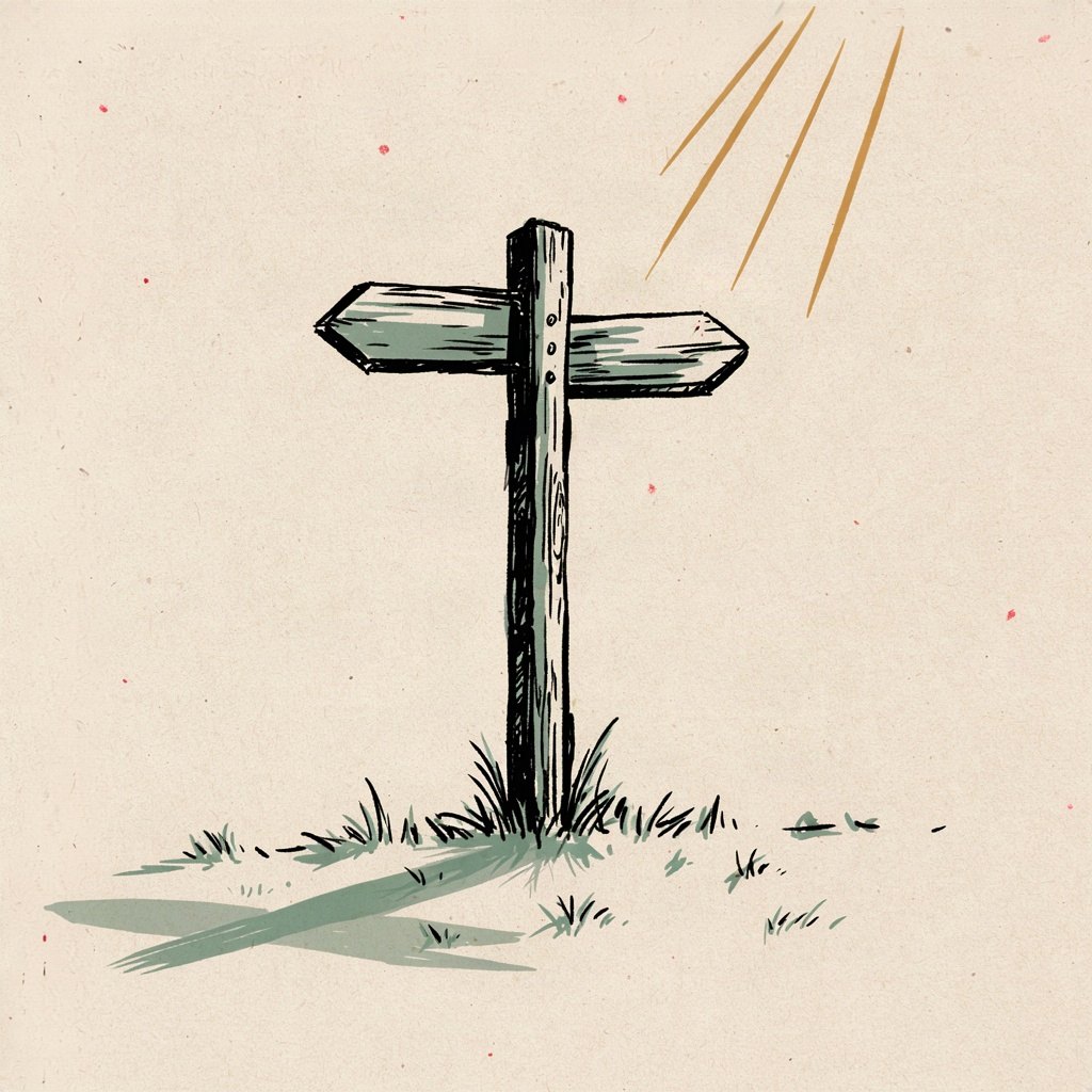 A single signpost at a fork in the road, its arms blank and unmarked, standing in soft morning light as if waiting to be told which way to point.