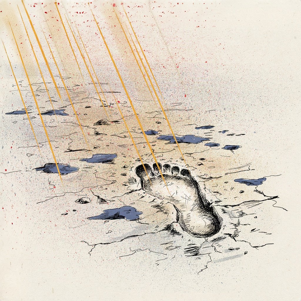A single footprint on a path at dawn, dry and clean, with the night's dark puddles and mud already left behind it.