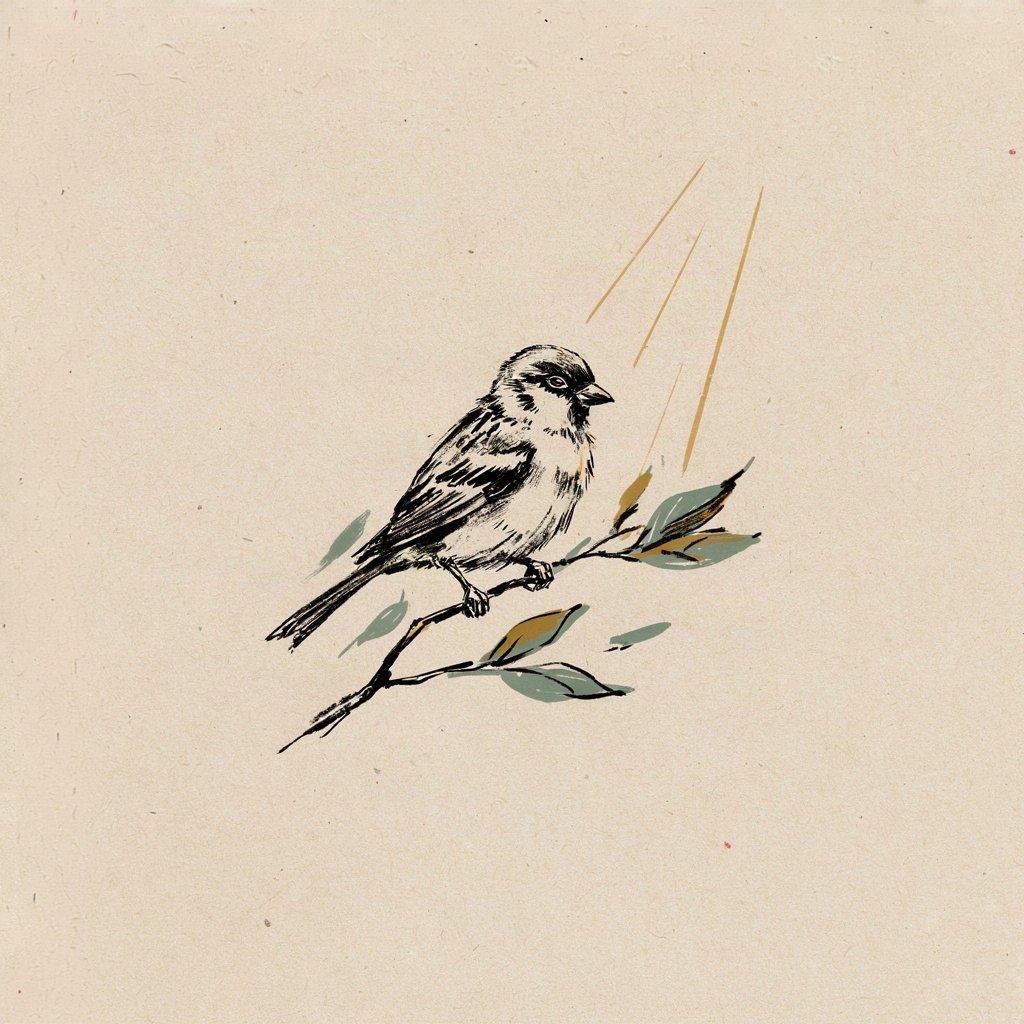 A small bird sitting calm on a branch in the wind, feathers ruffled but feet steady, eyes closed.