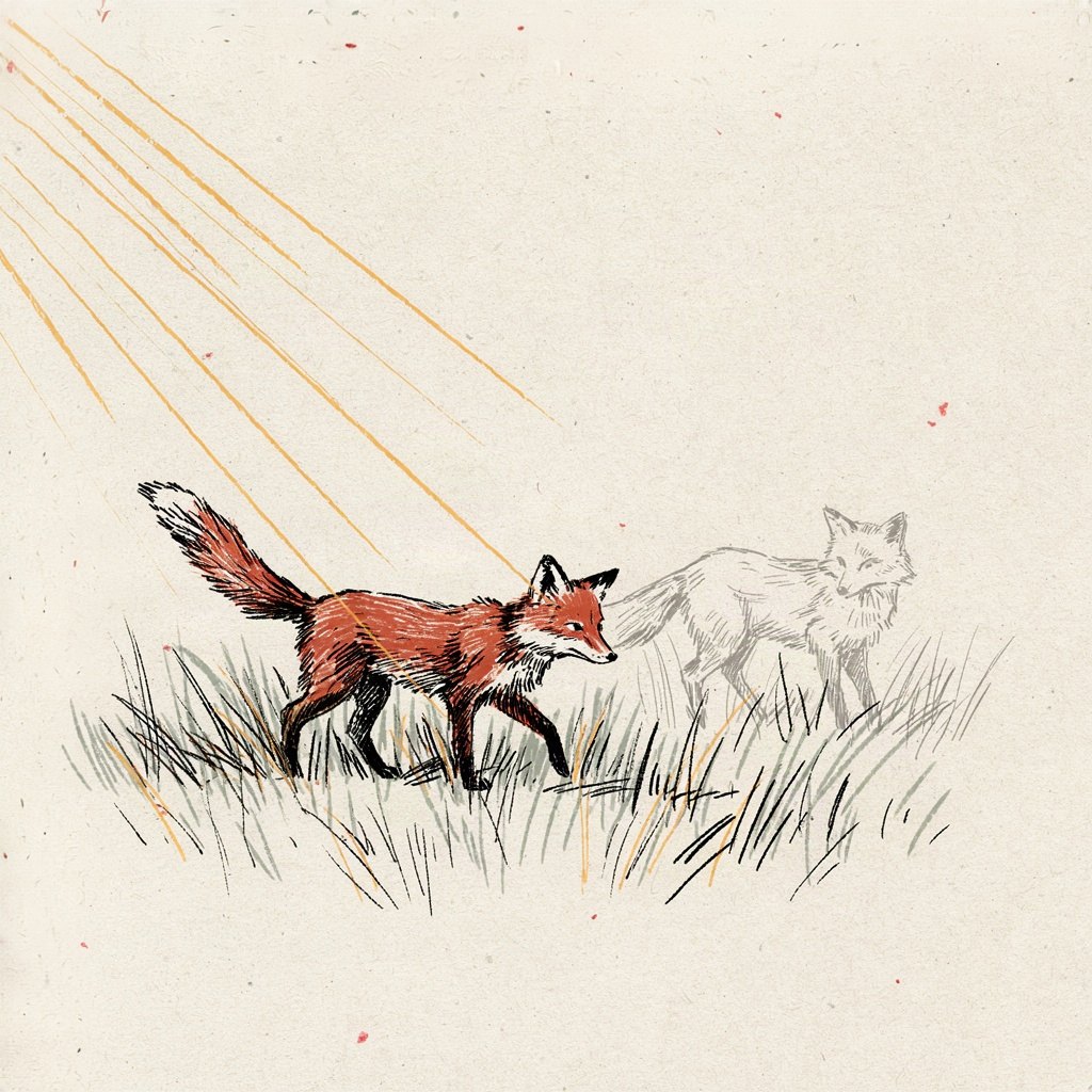 A young fox cub walking upright through tall grass with its tail held high like a small banner, clearly belonging to the fox family line behind it in the distance.