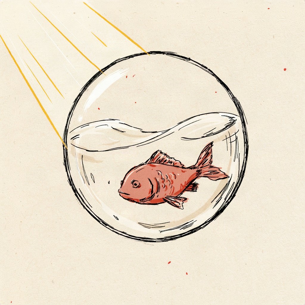 A small fish swimming happily inside a clear bubble of water that floats freely in open air, utterly at home where most fish couldn't survive, showing the soul breathing only in God.