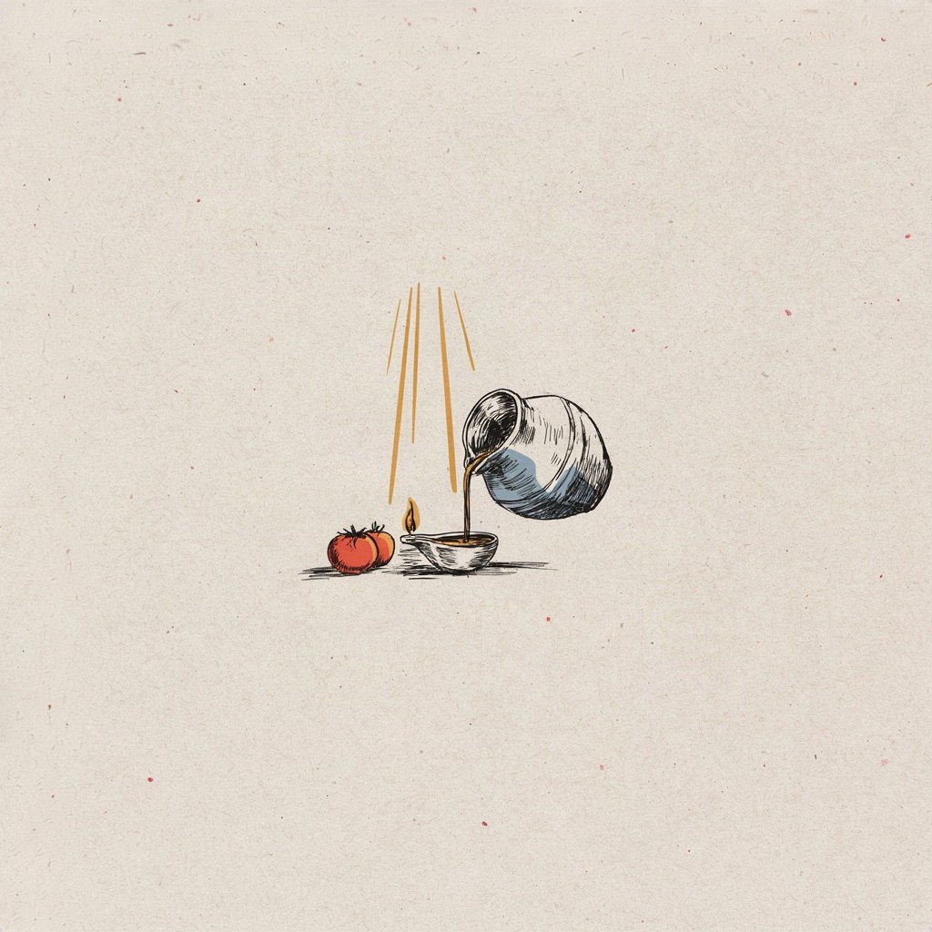 A simple clay lamp being refilled with oil from a small jug, the flame already burning steady despite the bowl being only half full, showing a heart being topped up and strengthened.