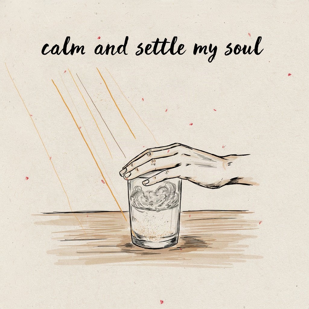 A glass of churned, cloudy water set on a table slowly going still and clear as the silt sinks to the bottom, showing a scattered soul settling into calm under a quiet hand resting lightly on the glass's rim, with the words “calm and settle my soul” lettered by hand.