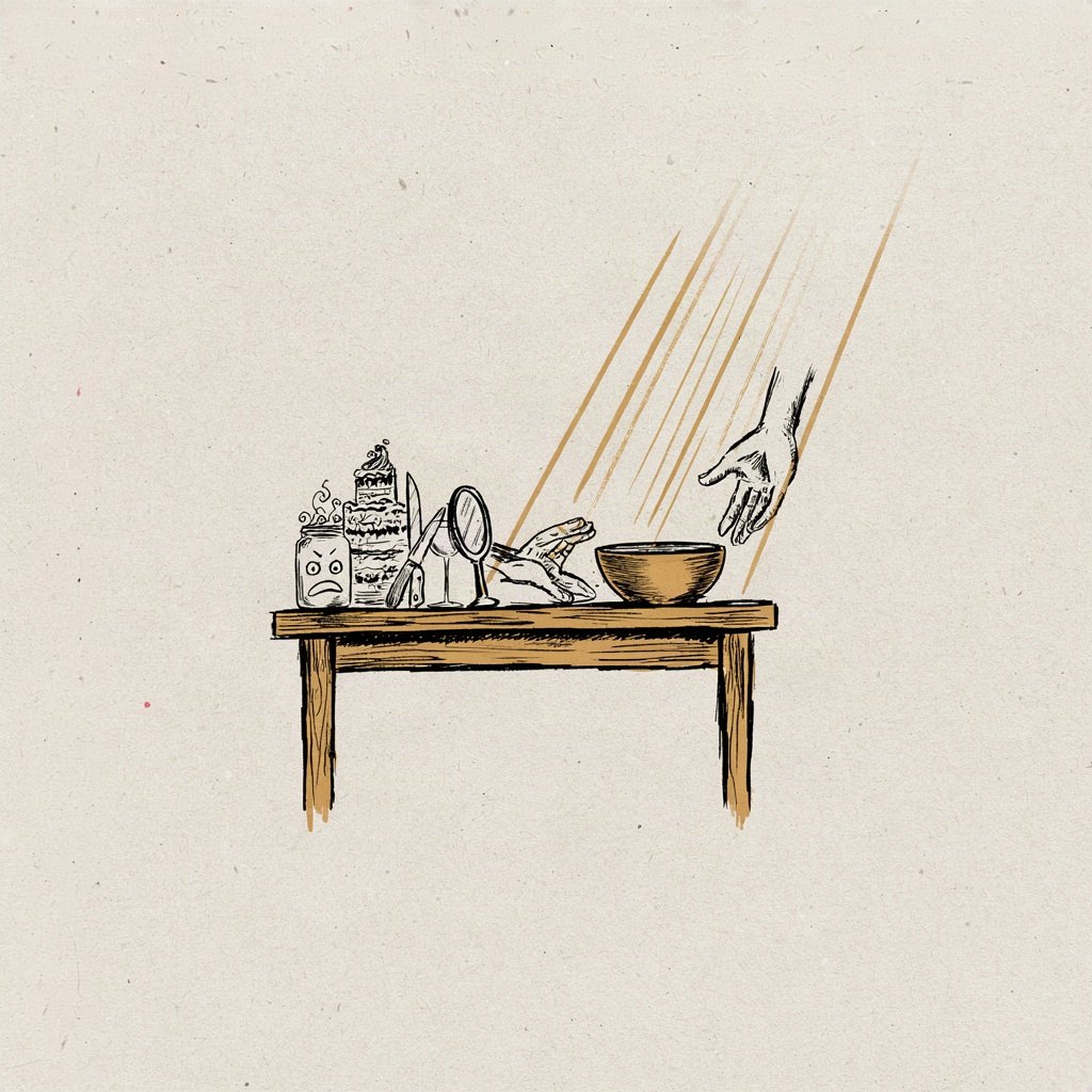 A cluttered kitchen table full of competing dishes (a rich cake, a bitter jar, a sharp knife) is being quietly cleared by a hand, leaving just one plain empty bowl ready to be filled.