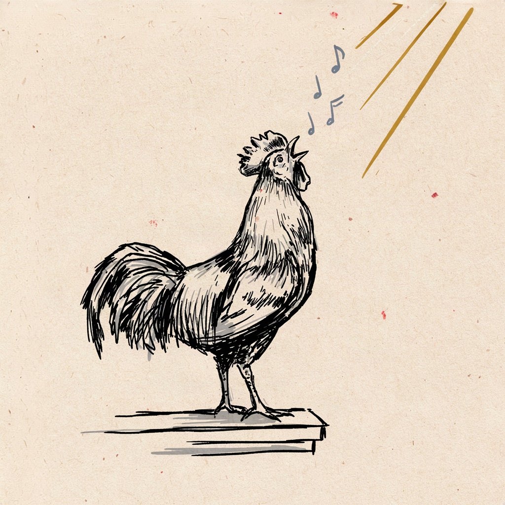 A rooster stands on a windowsill at first light, head thrown back mid-crow, with a few musical notes drawn rising from its beak into the morning sky.