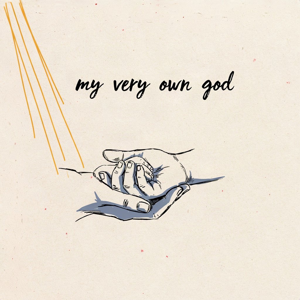 A small child reaches up to take hold of one enormous gentle hand, looking up with total trust, nothing else on the page, with the words “my very own god” lettered by hand.