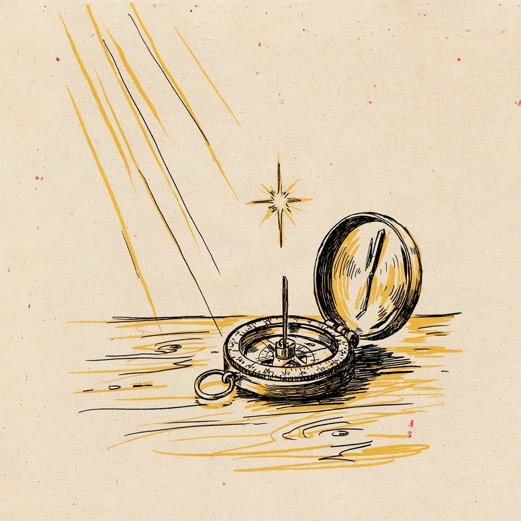 A single compass with only one needle, pointing steadily at one fixed star in an otherwise empty sky, no other stars drawn.