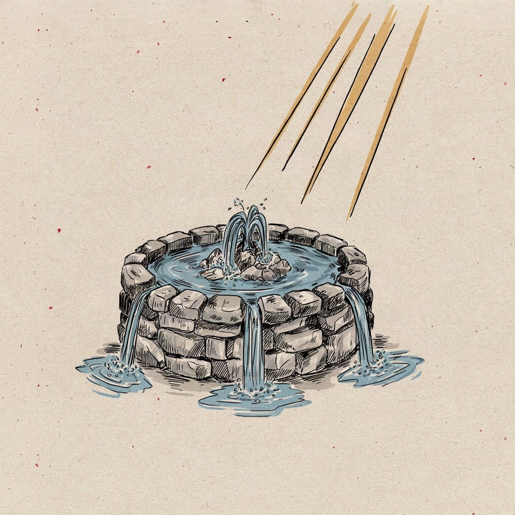 A small spring bubbling up from the ground into a stone basin, overflowing steadily in three gentle streams that all come from the same source.